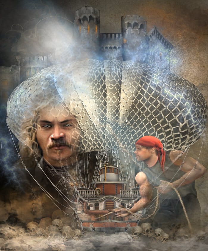 The Lady of Sorrows airship with Daulton bracing the rope while Trayden hangs in the background—symbolizing their brotherhood and reckless loyalty. Art by HB Wallen for the dark fantasy saga The Under Legend.