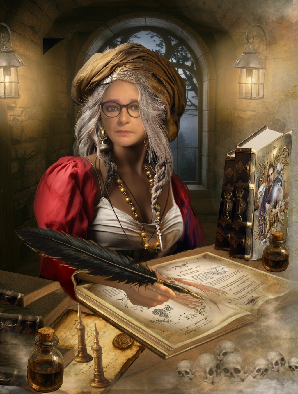 HB Wallen role-playing as a scribe with a feathered ink pen in hand.