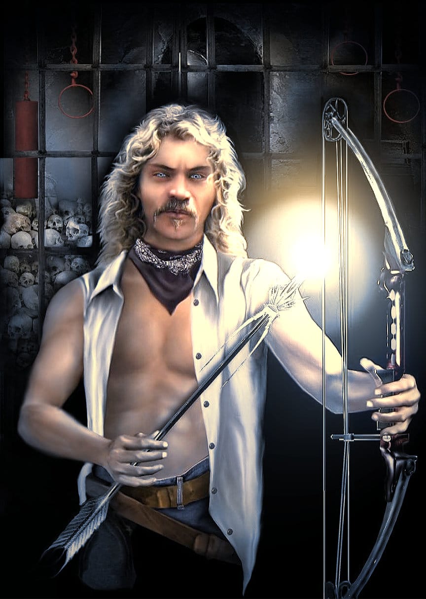 Trayden Biggs drawing a glowing, fire-lit arrow inside an Ebonunder chamber of skulls and iron bars — blond hair wild, blue eyes sharp, dimples tense with resolve. A mortal archer standing against immortal darkness — fantasy art by HB Wallen for The Under Legend saga.