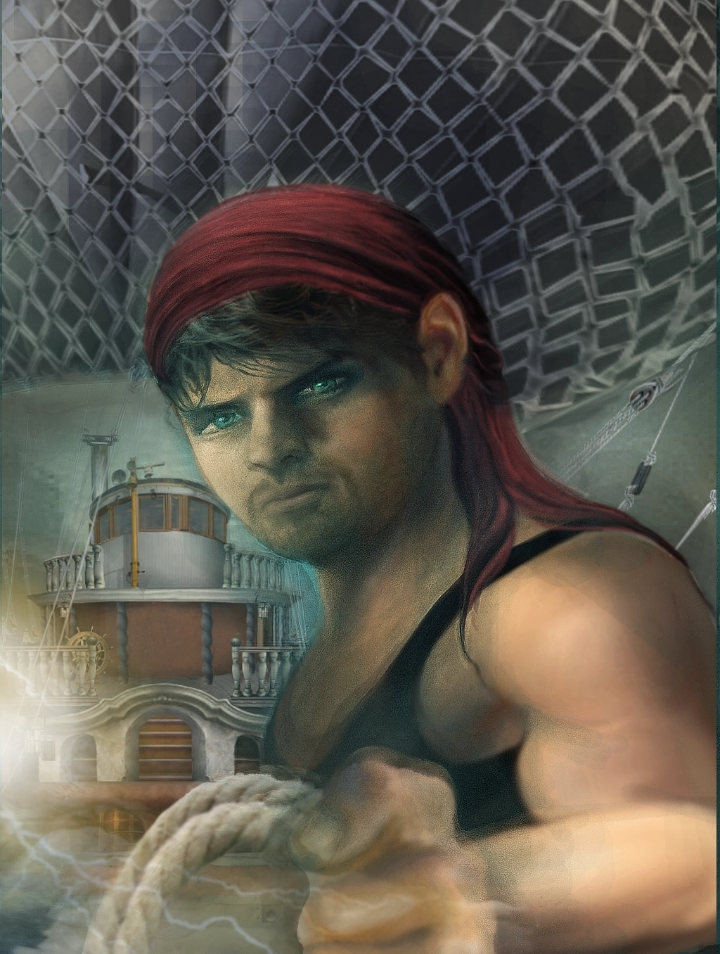 Portrait of Daulton Batten—rope in hand, standing before a mist-shrouded airship at dusk, lit by crimson rope hues and fading sun. The man of two hearts who vowed his sister would never face the darkness alone.