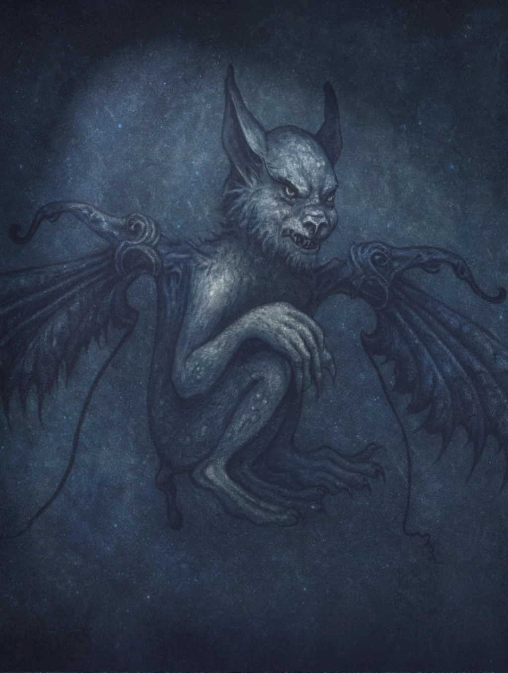 Graphite drawing by HB Wallen of a mischievous, heavy-boned i’etty with small nonfunctional wings, digitally framed in blue.