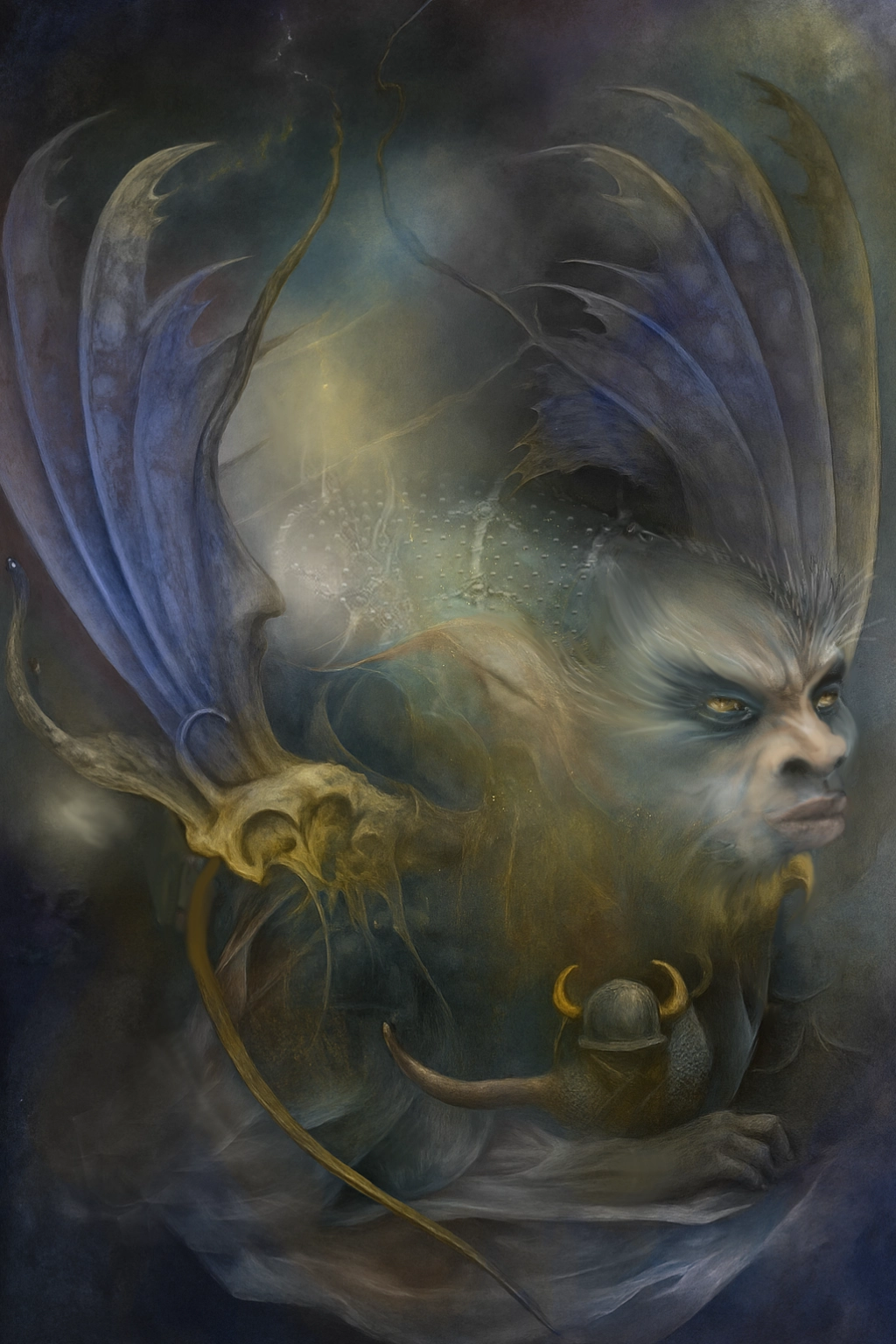 Storm-lit portrait of a legendary Gr’ray from HB Wallen’s Under Legend—blue and golden lightning drifting across her wings and humanlike, stern face.