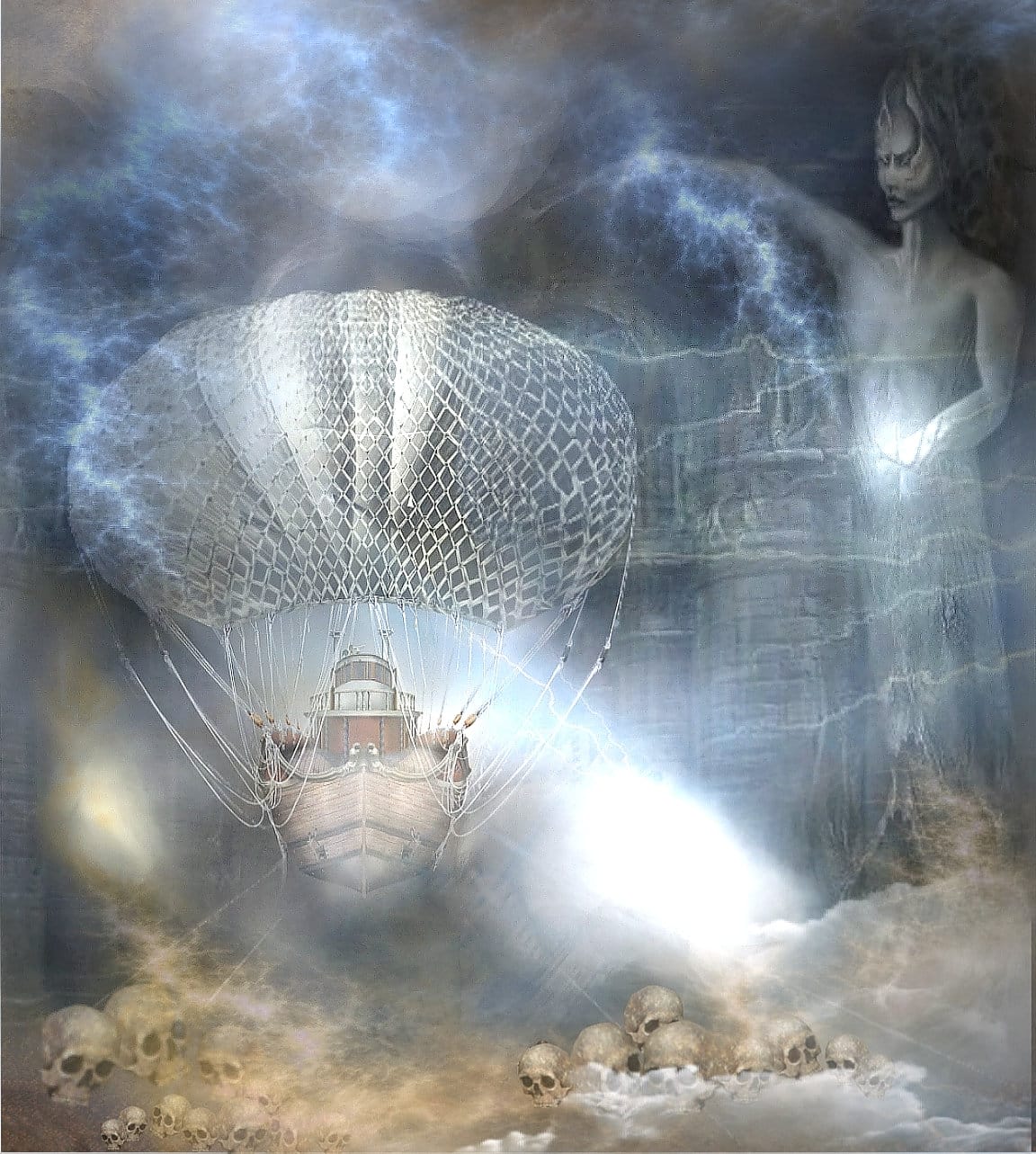 The Lady of Sorrows, Daulton Batten's custom airship, hovering in an Ebonunder corridor as lightning shatters the darkness—art by HB Wallen for The Under Legend saga.