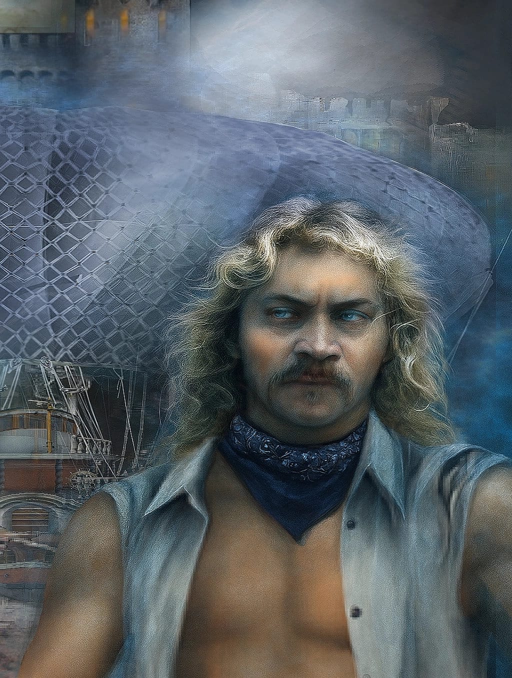 Trayden Biggs, sun-browned and bare-armed before an airship’s great envelope and rigging, blue bandana at his throat and wary eyes turned aside — fantasy art by HB Wallen for The Under Legend saga.