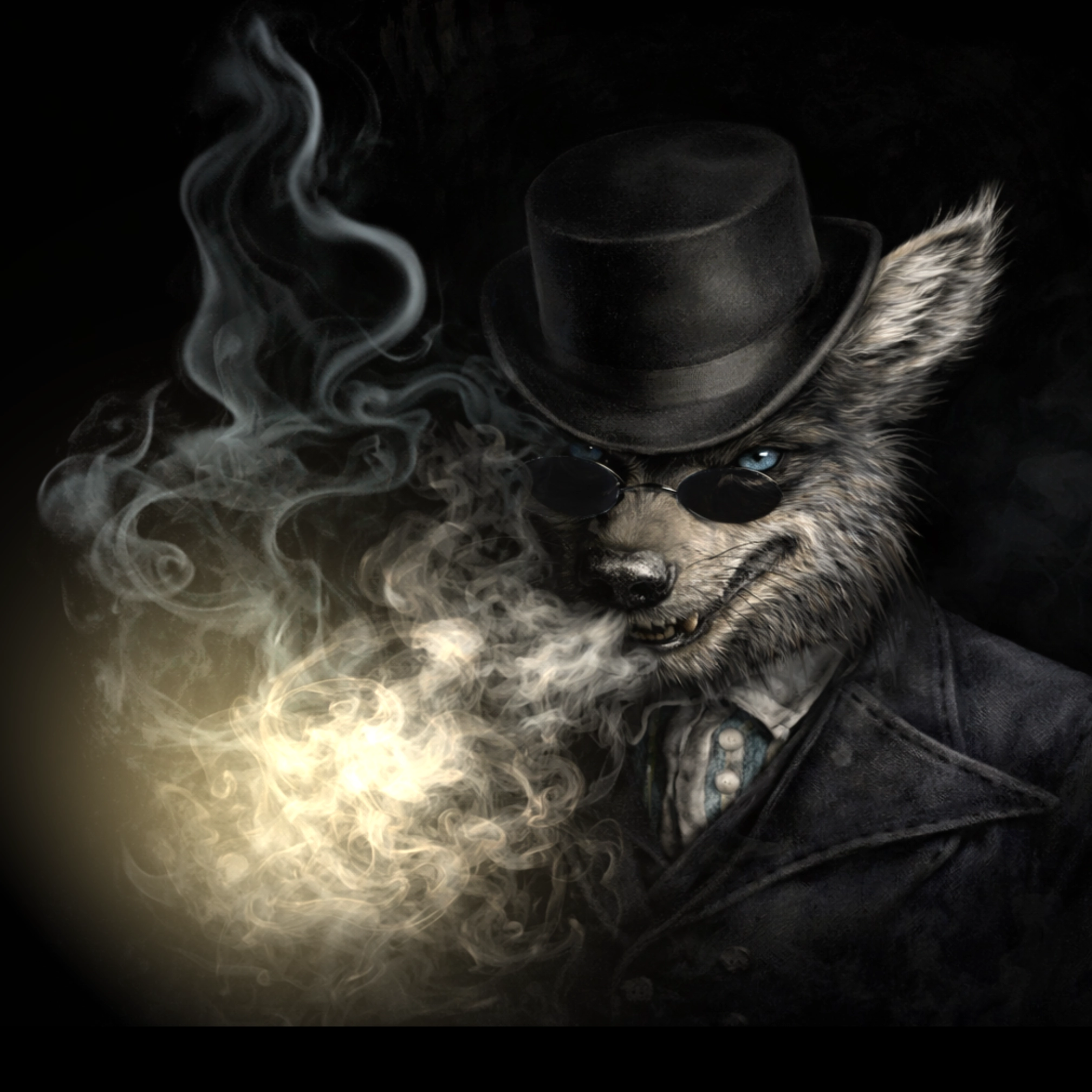 Drayden P. Coyote, a coyote in a black top hat and dark glasses, exhaling glowing smoke into the darkness.” width=