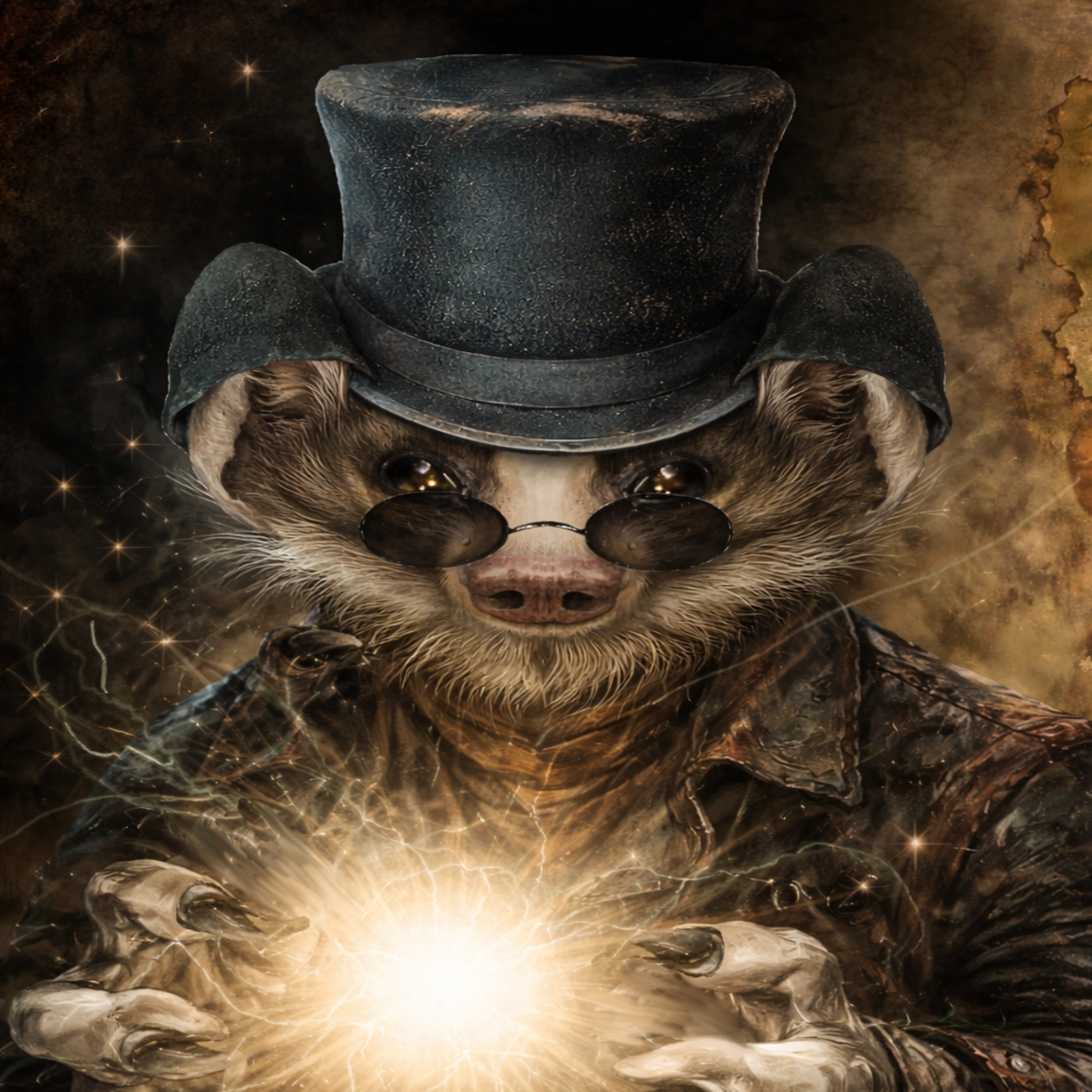 JW, a badger in a tall black top hat and round glasses, holding a glowing orb between its hands.” width=