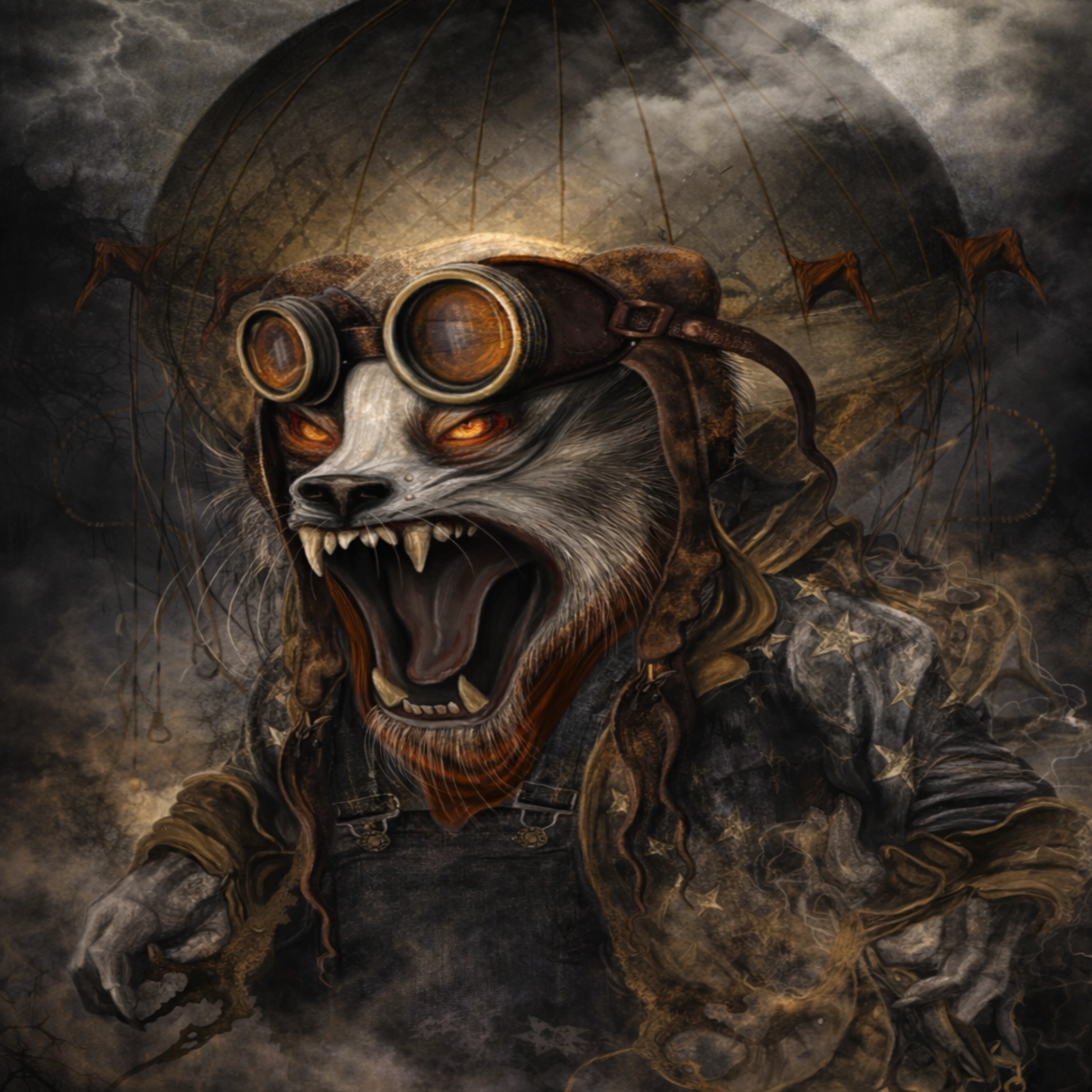 Lymallian Doppelgänger, a snarling badger in brass goggles and a leather cap, its mouth open wide beneath a dark balloon.” width=