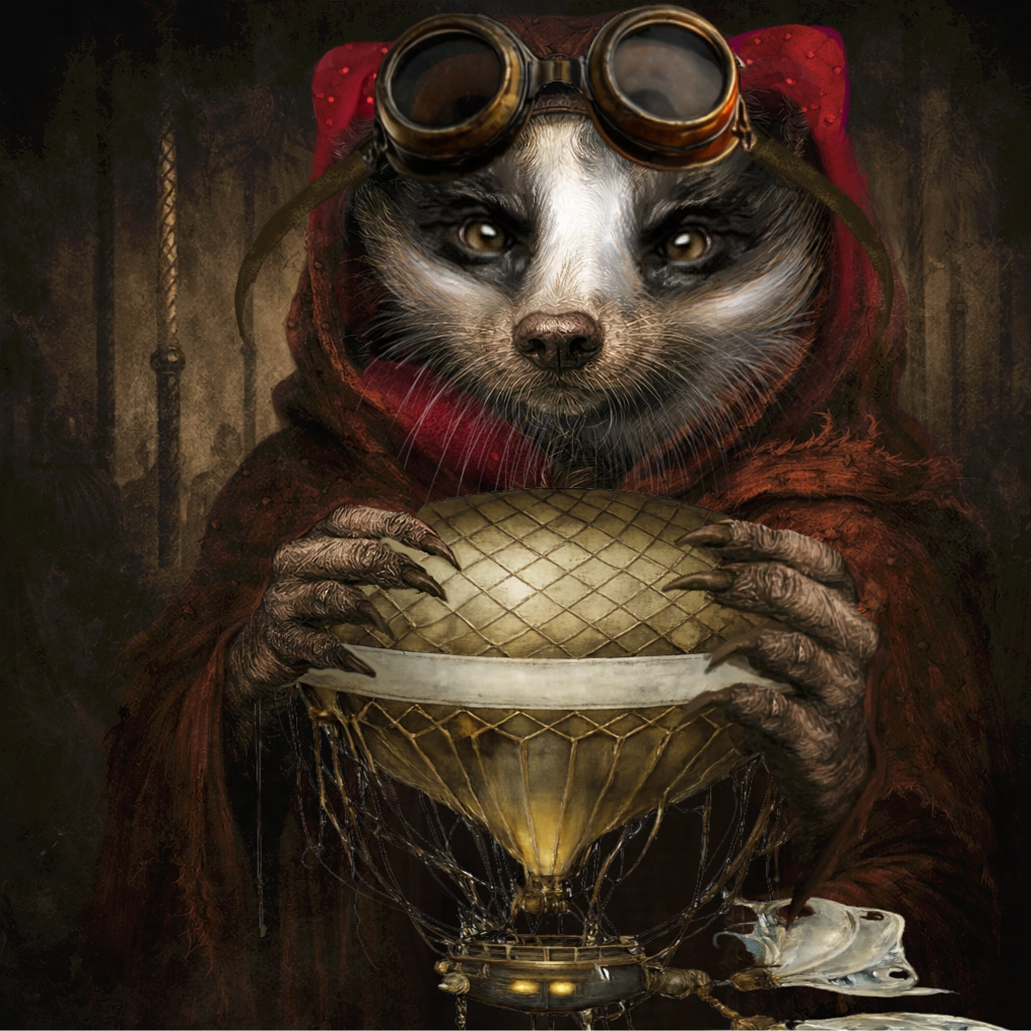 Sheerley Red, a badger in brass goggles and a red hood, holding a small glowing airship basket.” width=