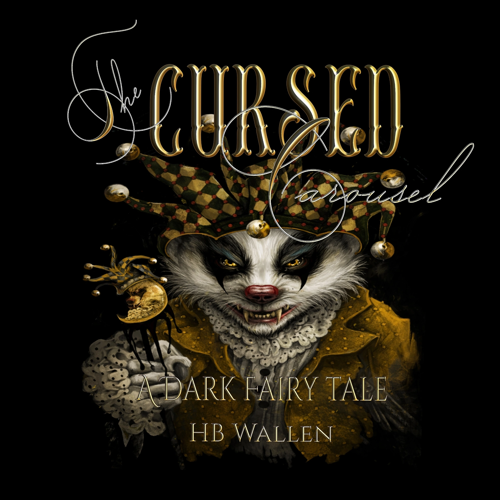 Ghost clown wearing a jester hat with bells, cover art for The Cursed Carousel, fantasy illustration by HB Wallen.